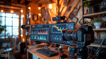 Behind-the-scenes view of a professional camera set up in a well-equipped studio - obrazy, fototapety, plakaty