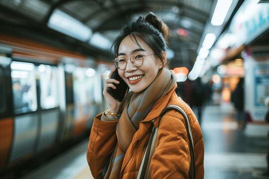 Smiling young Asian woman talking on phone at subway station, ideal for lifestyle and travel themes.
