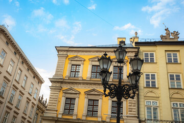 Fototapeta na wymiar Closeup of lantern on Market square in Lviv