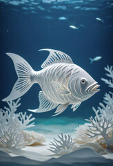 Amazing beautiful fish cut out of paper, simple background, kirigami style
