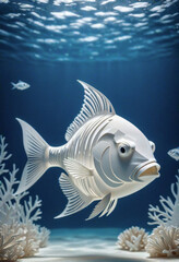 Amazing beautiful fish cut out of paper, simple background, kirigami style