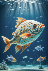 Amazing beautiful fish cut out of paper, simple background, kirigami style
