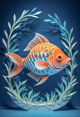 Amazing beautiful fish cut out of paper, simple background, kirigami style