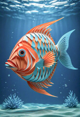 Amazing beautiful fish cut out of paper, simple background, kirigami style