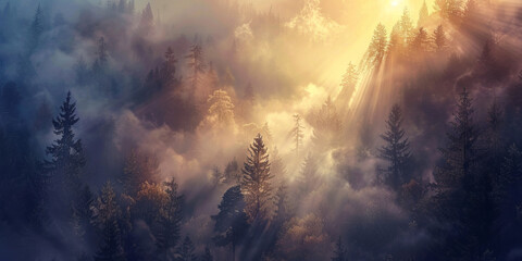 The stunning image captures the golden light of sunset peeking through misty pines - obrazy, fototapety, plakaty