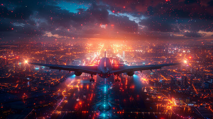 Airplane flying over a city at night - obrazy, fototapety, plakaty