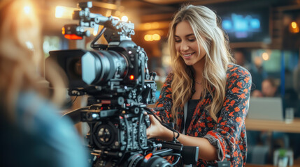 Fototapeta na wymiar Radiant female filmmaker adjusts professional camera on set with a cheerful demeanor