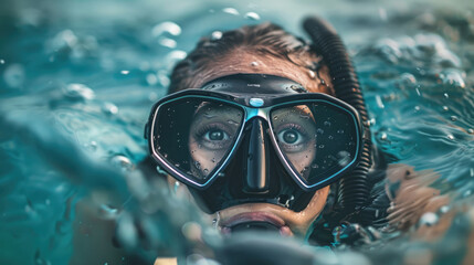 Female scuba diver underwater. Woman in scuba diving mask in water