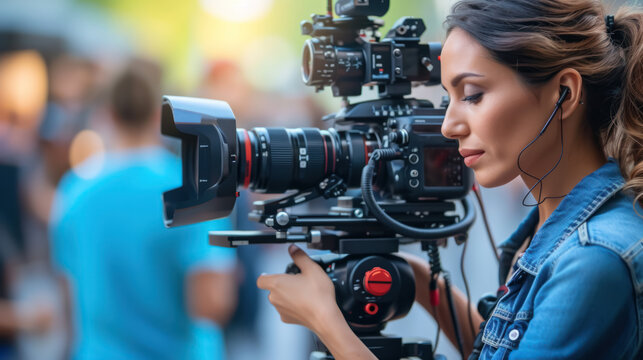 Radiant female filmmaker adjusts professional camera on set with a cheerful demeanor