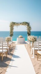 Obraz na płótnie Canvas A beach wedding with a white arch and chairs. The chairs are arranged in a row and the arch is decorated with flowers. The beach is calm and the water is blue
