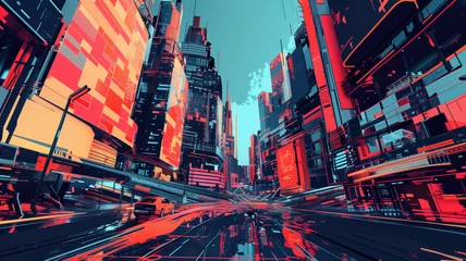 Muurstickers pop art of a futuristic city. digital art illustration. generative AI. © Pavithiran