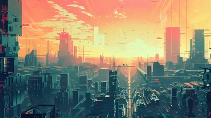 Foto op Plexiglas pop art of a futuristic city. digital art illustration. generative AI. © Pavithiran