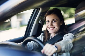 Fototapeta premium Portrait of smiling young woman driving a car