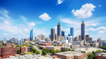 Fototapeta na wymiar Downtown Atlanta Skyline showing several prominent buildings and hotels with blue sky background 