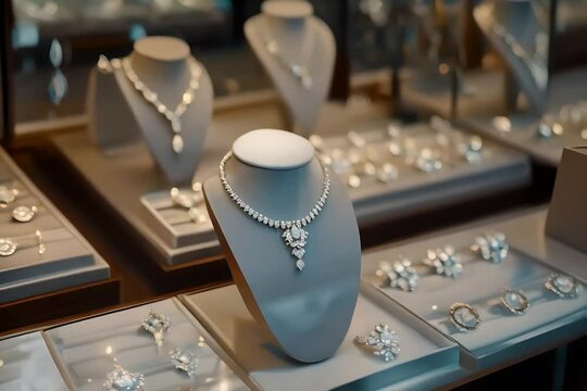  Sparkling Splendor, A Showcase Overflowing with Luxurious Jewelry Pieces, Necklaces, bracelets, rings, and earrings glisten under the lights, creating a dazzling spectacle of luxury. 