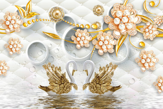 3D wallpaper  flower and swan and leather background  beautiful design for interior