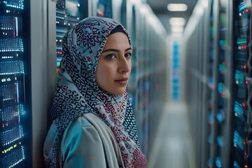 Muslim Female Data Center IT Engineer Standing in a Room with an AI Neural Network Settings on a Digital Screen. Cloud Computing Expert Uses Laptop for Servicing the System in Cyber Security Facility.