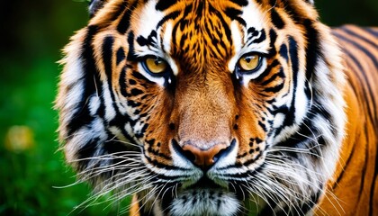 Close-up of a majestic tiger's face, its intense gaze captured against a blurred green background in its natural habitat.