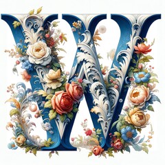 Ornate Watercolor Painting Letter 'W' with a Baroque Style Design