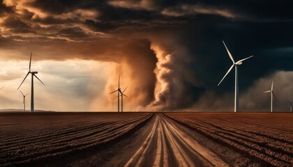 Dramatic clouds loom over a wind farm, with turbines standing tall against the impending storm on a vast barren field