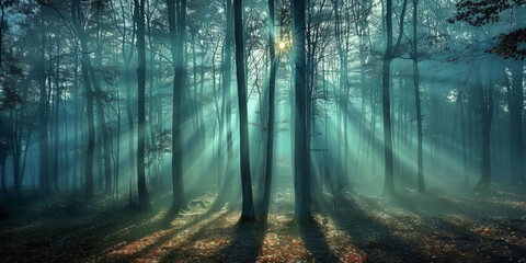 This image shows a captivating scene of sunlight beams piercing a foggy, tranquil forest