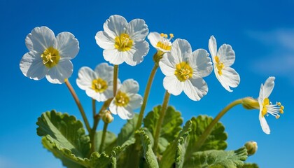prig forest white flowers primroses on a beautiful blue background macro. Blurred gentle sky-blue background. Floral nature background, free space for text. Romantic soft gentle - obrazy, fototapety, plakaty