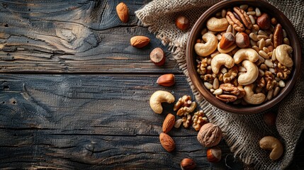 Fototapeta na wymiar a wooden bowl filled with a colorful assortment of mixed nuts, providing ample copy space for text, perfect for promoting healthy snacking.