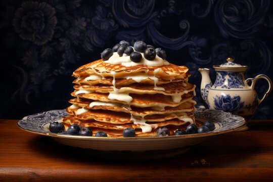 Refined pancakes on a porcelain platter against a painted brick background
