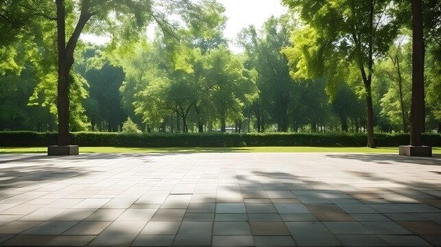  park landscape scene with green trees and walking paths for relaxation on sunny day. generative AI Pro Photo
