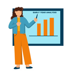 cartoon vector illustration of a young woman in a business suit standing near the big chart and pointing the index finger.