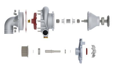 Automotive  water pumps in exploded view isolated on white background