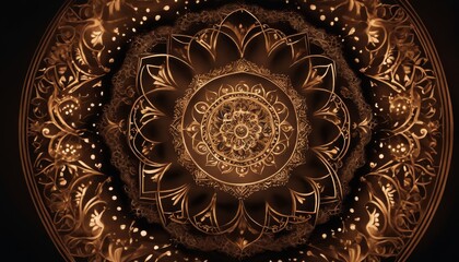 An elaborate golden mandala radiates with ornate details and a shimmering glow, embodying richness and spiritual symbolism.