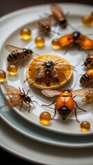 Insects, beetles and larvae as food on served plates. Concept Hunger and food of the 21st century.