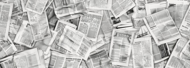 Long horizontal banner with lots of old newspapers on horizontal surface. Background texture. Concept for news and information - could be used for web design or advertisement.Ai generation