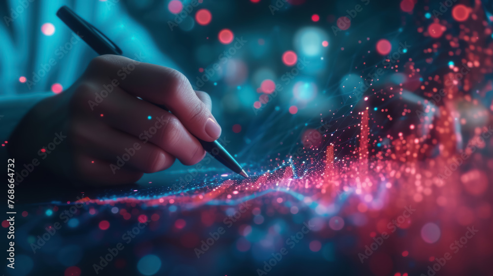 Aufkleber hand drawing on an ethereal digital interface with glowing red and blue particles
