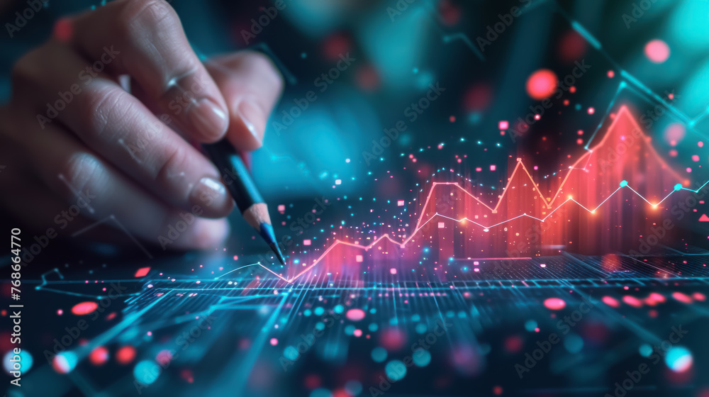 Poster Hand drawing on an ethereal digital interface with glowing red and blue particles