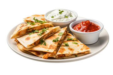 A Festive Fiesta: Plate of Quesadillas With Salsa and Sour Cream. On a White or Clear Surface PNG Transparent Background.