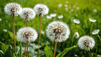 spring background with white dandelions.