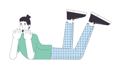 Happy young man lying 2D linear cartoon character. Taking break. Caucasian male resting isolated line vector person white background. Relaxation on free time color flat spot illustration