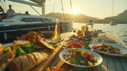 Catering for a wedding on a yacht. Blurred lighting against sunset background