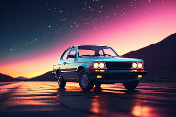 Fototapeta na wymiar retro car with sunset, retro cinematic style