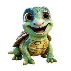 Fototapeta premium Cute 3D design turtle cartoon character with smiling facial expression isolated on transparent background, generative ai