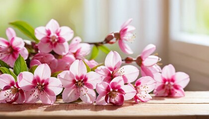 Fototapeta na wymiar Spring Display Pink Blossoms On Wooden Table blurry background