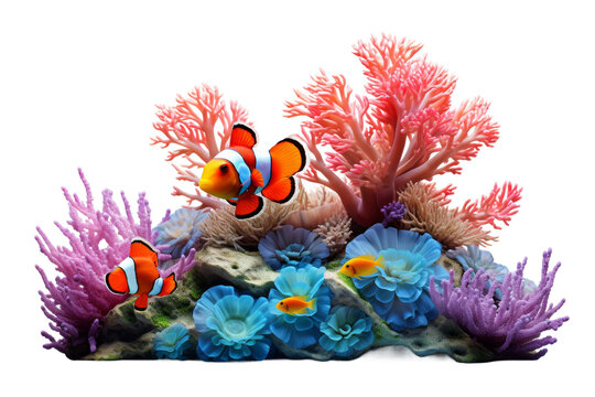 Enchanted Underwater Symphony: Vibrant Corals and Fish in Aquarium Oasis. On a White or Clear Surface PNG Transparent Background.