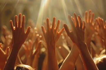 A group of people are holding their hands up in the air