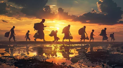 Foto op Plexiglas World Refugee Day, people cross the border with things at sunset © Nastya