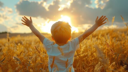 A young boy is standing in a field of tall grass - obrazy, fototapety, plakaty