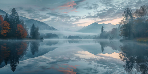 A calm lake with autumn colored trees and distant mountains reflecting on the water surface in the cool mist of dawn