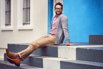 Stairs, fashion and portrait of man in city with stylish, elegant and trendy outfit with...