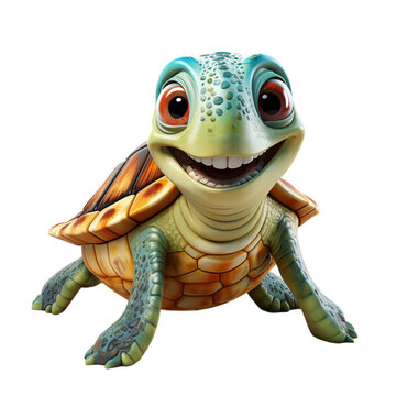 Cute 3D design turtle cartoon character with smiling facial expression isolated on transparent background, generative ai